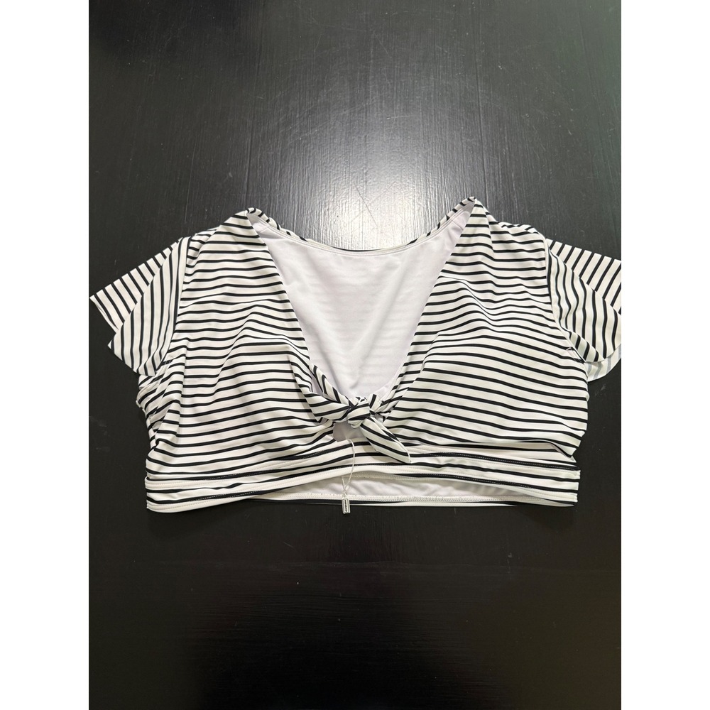 Cocoship Womens Black White Striped Tie Front Cap Sleeve Bikini Top Size 20